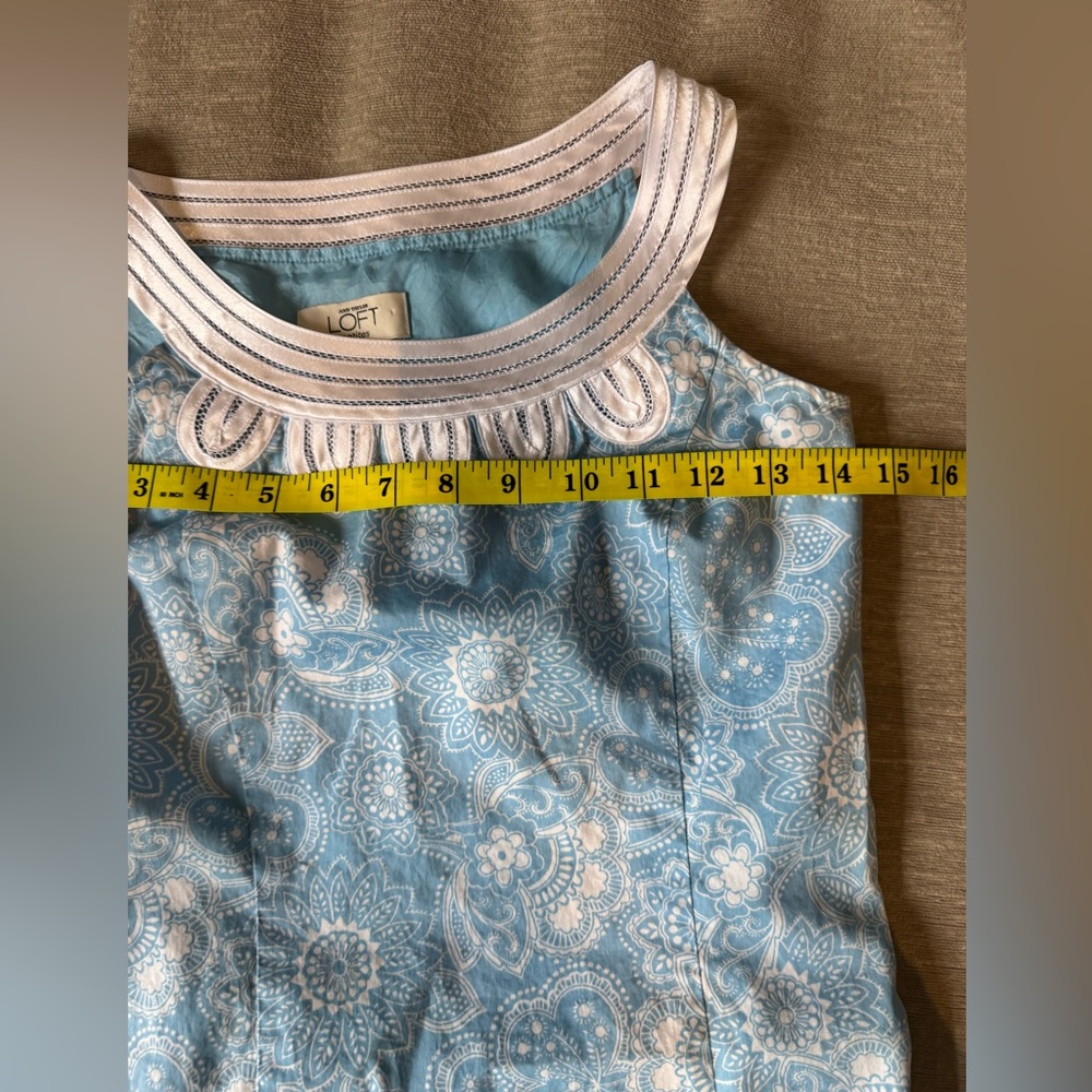 LOFT Light Blue Paisley Sleeveless Mini Dress with White Crochet Trim - Picture 7 of 8